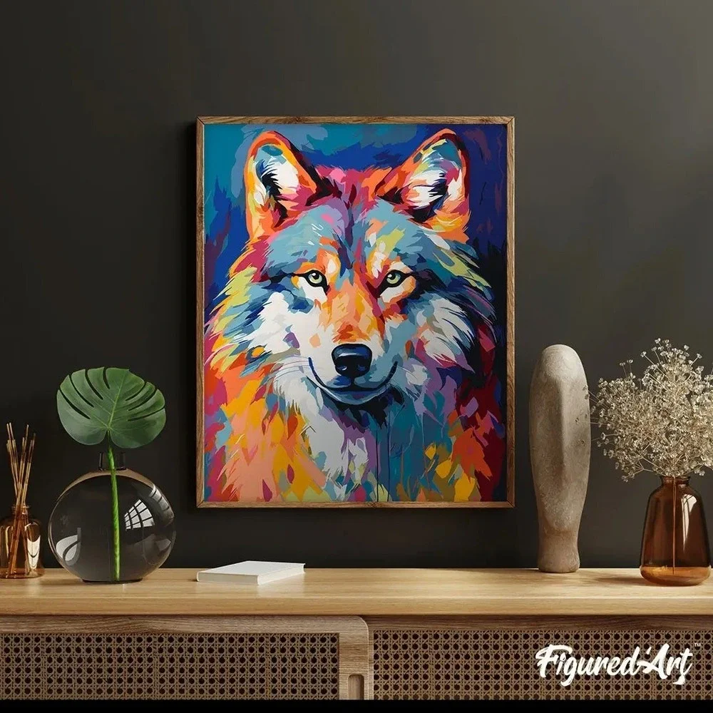 Figured Art DIY Paint by Numbers Kit Colorful Wolf Pop Art 16x20 Canvas